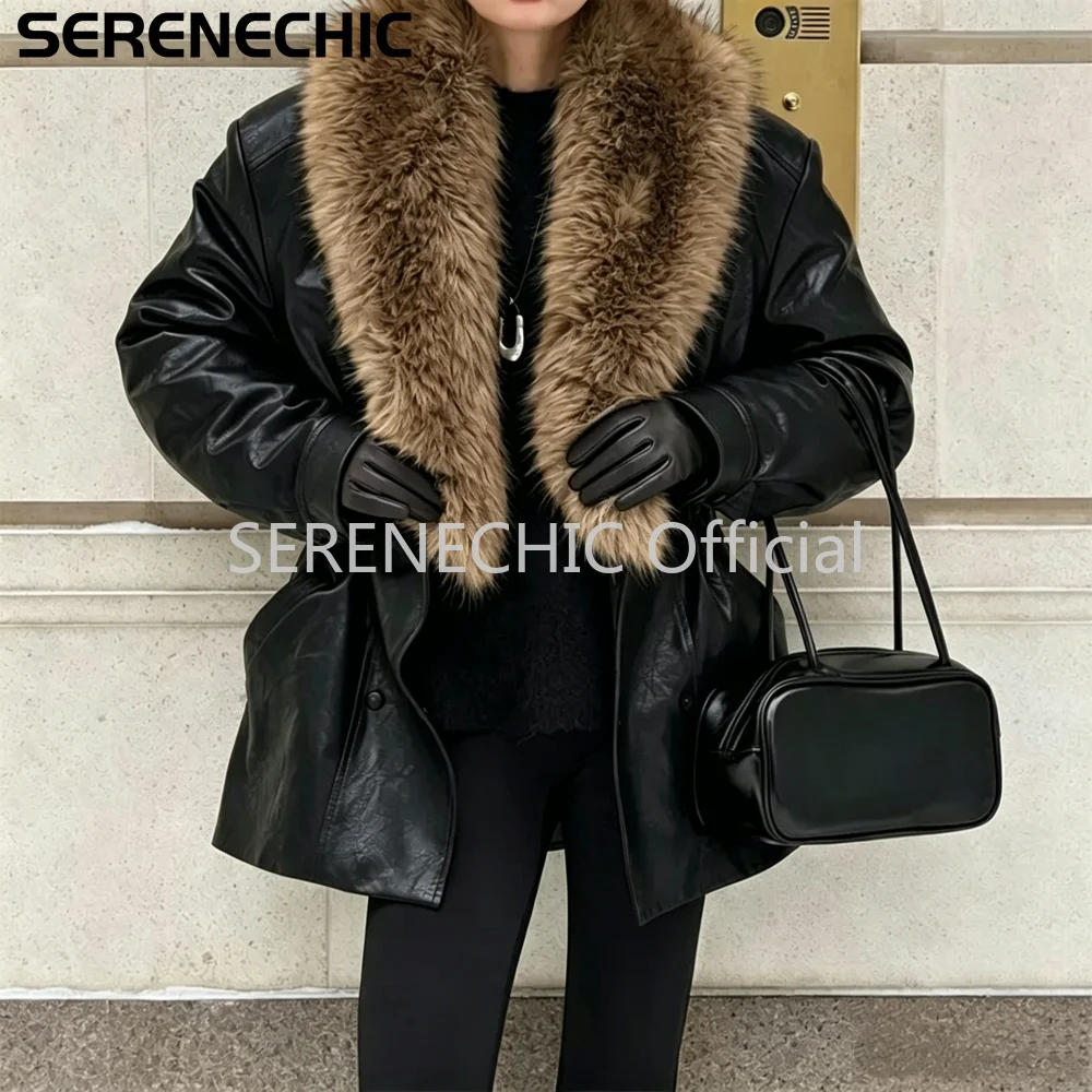 SERENECHIC Luxury Brand Fashion Design Black Faux Leather Coat Women Detachable Fur Collar Oversized PU Leather Jacket Blazer