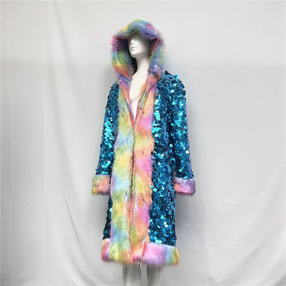 Patchwork Women Hooded Faux Fur Coat Fox Fur Long Sleeve Thick Warm Fur Outerwear Spliced Party Stage Loose Fit Sequined