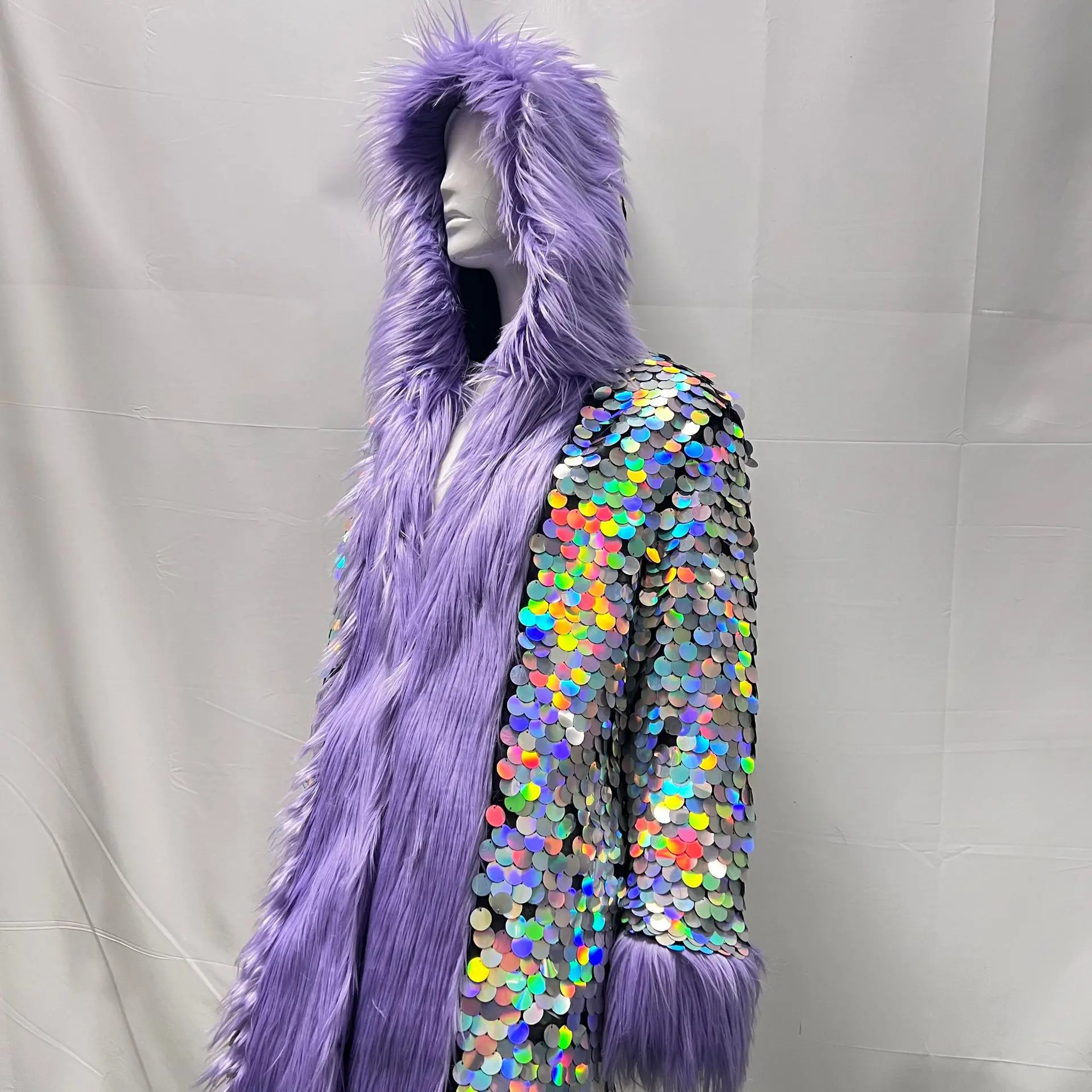 Patchwork Women Hooded Faux Fur Coat Fox Fur Long Sleeve Thick Warm Fur Outerwear Spliced Party Stage Loose Fit Sequined
