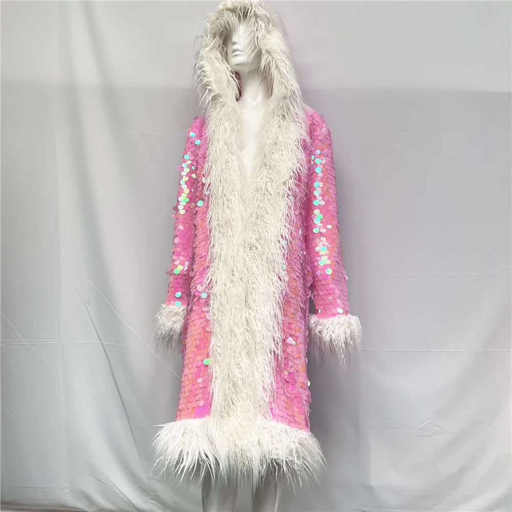 Patchwork Women Hooded Faux Fur Coat Fox Fur Long Sleeve Thick Warm Fur Outerwear Spliced Party Stage Loose Fit Sequined