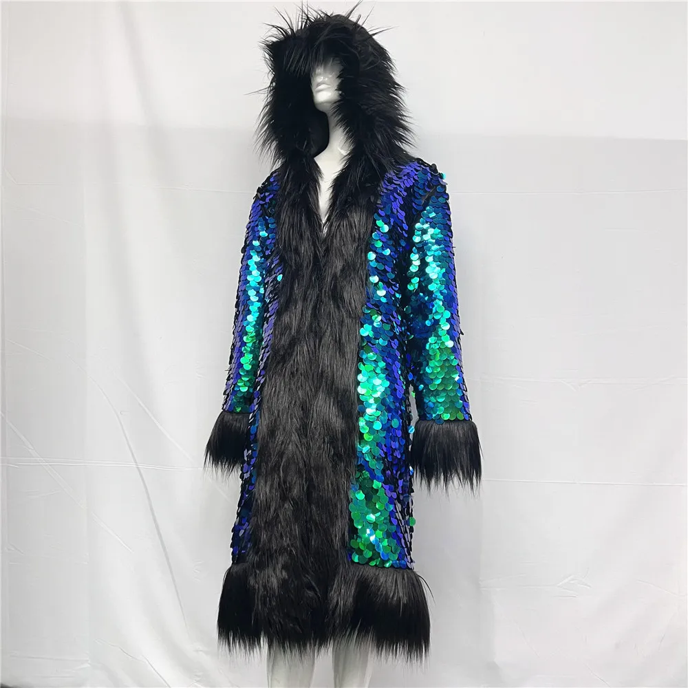 Patchwork Women Hooded Faux Fur Coat Fox Fur Long Sleeve Thick Warm Fur Outerwear Spliced Party Stage Loose Fit Sequined