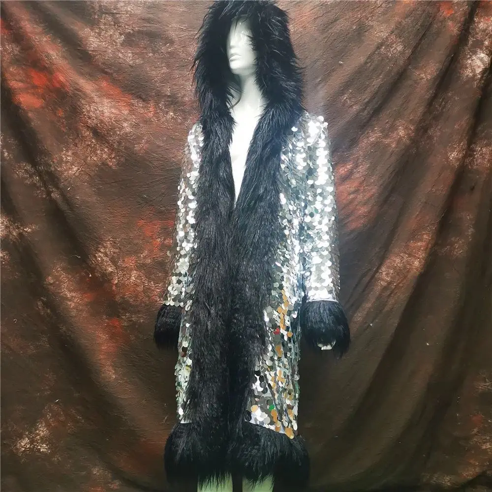 Patchwork Women Hooded Faux Fur Coat Fox Fur Long Sleeve Thick Warm Fur Outerwear Spliced Party Stage Loose Fit Sequined