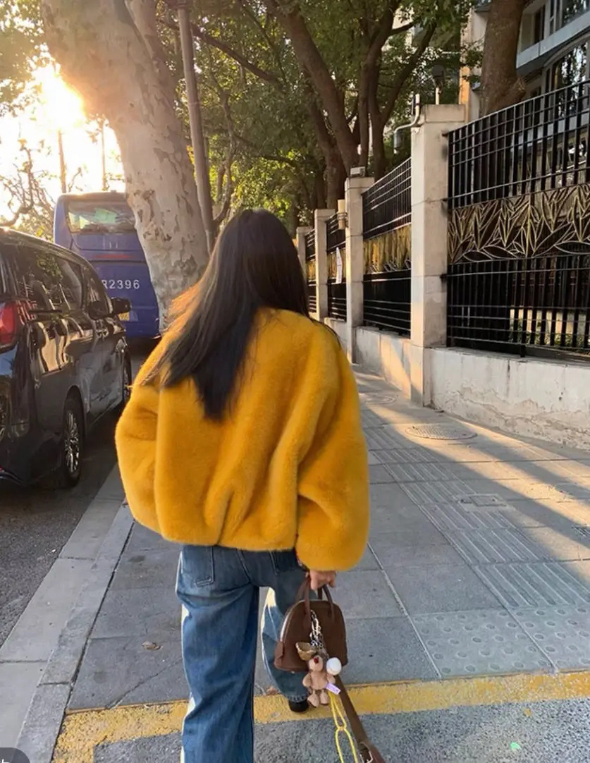 Women V-neck Short Coat Fake Mink Fur Mink Elegant Autumn Winter Coat