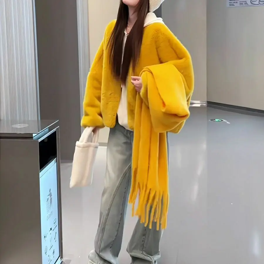 Women V-neck Short Coat Fake Mink Fur Mink Elegant Autumn Winter Coat