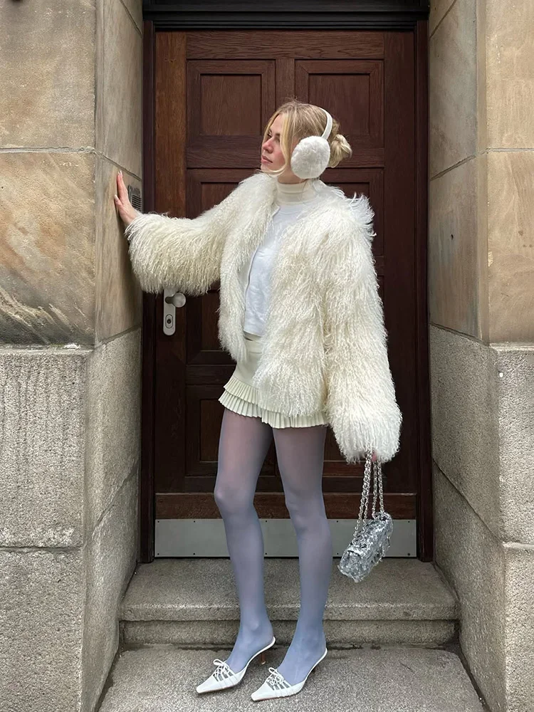 Tossy Female Fluffy Faux Fox Fur Jacket Overcoat Winter Loose Luxury Long Sleeve High Waist Patchwork Coat Women's Outwear 2025