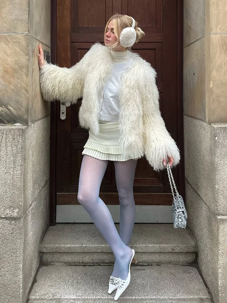 Tossy Female Fluffy Faux Fox Fur Jacket Overcoat Winter Loose Luxury Long Sleeve High Waist Patchwork Coat Women's Outwear 2025