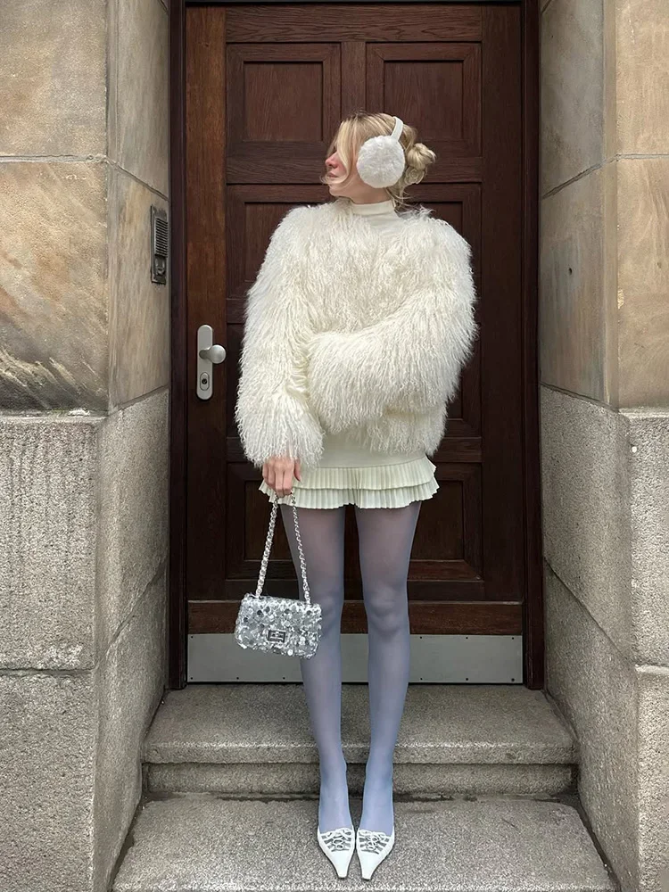 Tossy Female Fluffy Faux Fox Fur Jacket Overcoat Winter Loose Luxury Long Sleeve High Waist Patchwork Coat Women's Outwear 2025
