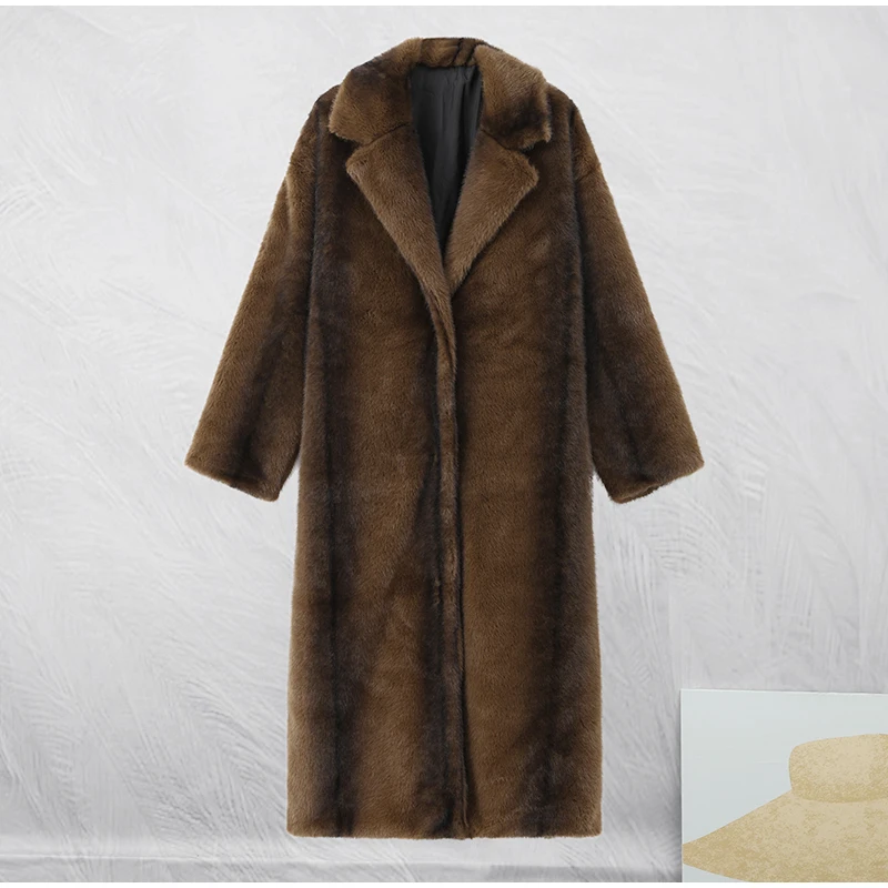Woman Mixed Color Long Faux Fur Coat Fashion Lapel Collar Full Sleeve Loose Overcoat 2025 Winter Lady Warm High Street Outwear
