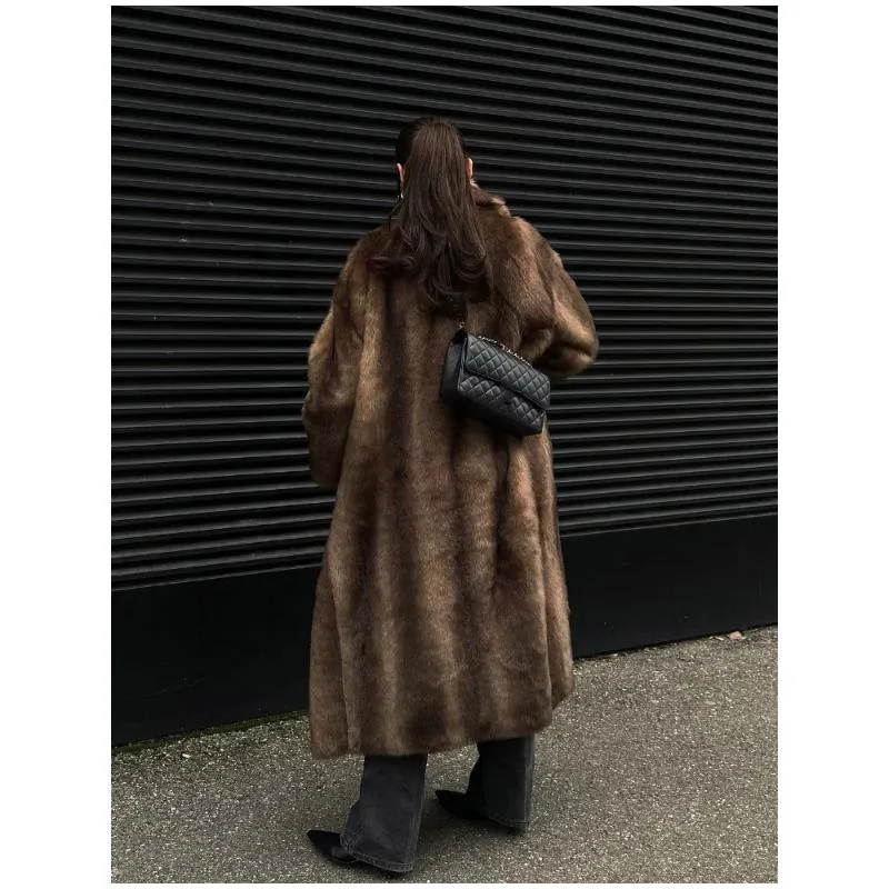 Woman Mixed Color Long Faux Fur Coat Fashion Lapel Collar Full Sleeve Loose Overcoat 2025 Winter Lady Warm High Street Outwear