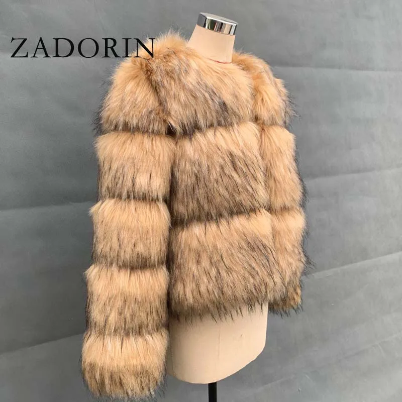 ZADORIN Fashion Woman Faux Raccoon Fur Coat Luxury Short Warm Fur Top Furry Jacket Women Winter Plush Fluffy Fur Coats for Woman