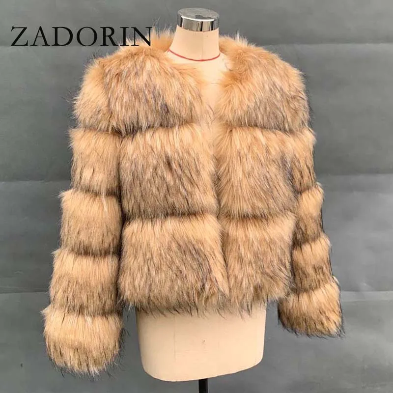 ZADORIN Fashion Woman Faux Raccoon Fur Coat Luxury Short Warm Fur Top Furry Jacket Women Winter Plush Fluffy Fur Coats for Woman