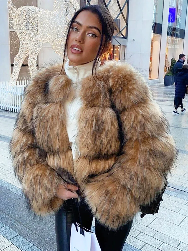 ZADORIN Fashion Woman Faux Raccoon Fur Coat Luxury Short Warm Fur Top Furry Jacket Women Winter Plush Fluffy Fur Coats for Woman