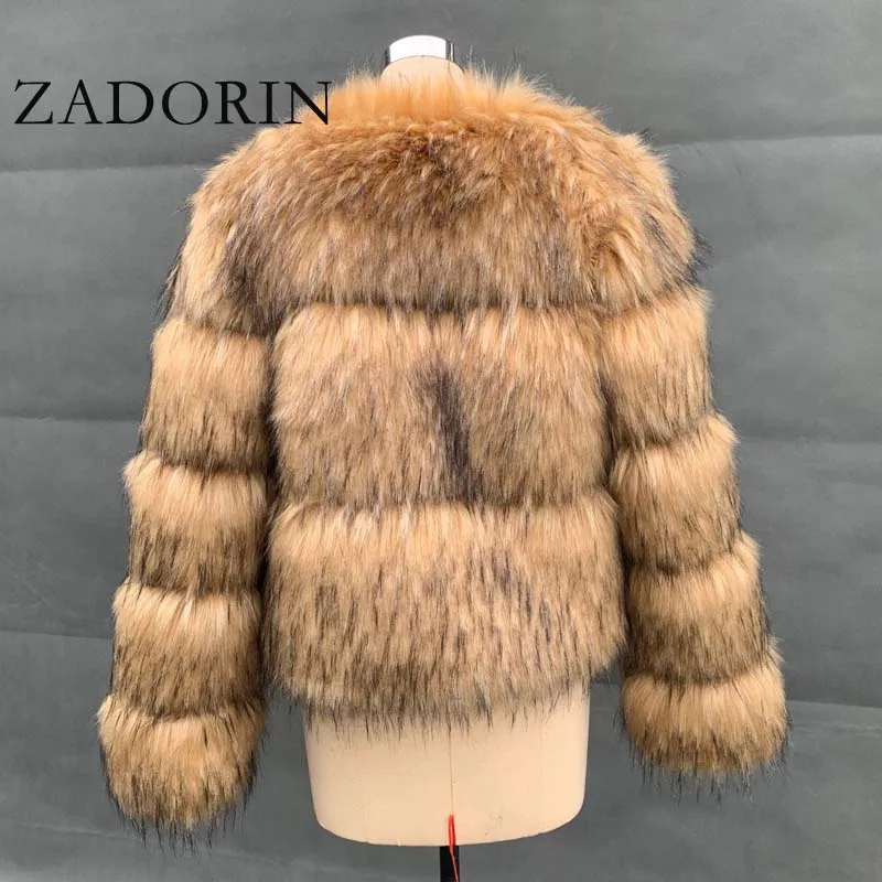 ZADORIN Fashion Woman Faux Raccoon Fur Coat Luxury Short Warm Fur Top Furry Jacket Women Winter Plush Fluffy Fur Coats for Woman