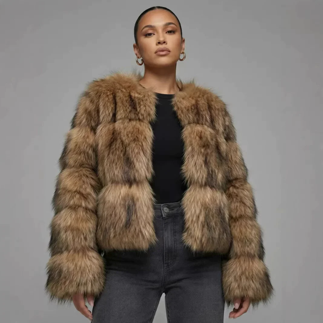 ZADORIN Fashion Woman Faux Raccoon Fur Coat Luxury Short Warm Fur Top Furry Jacket Women Winter Plush Fluffy Fur Coats for Woman