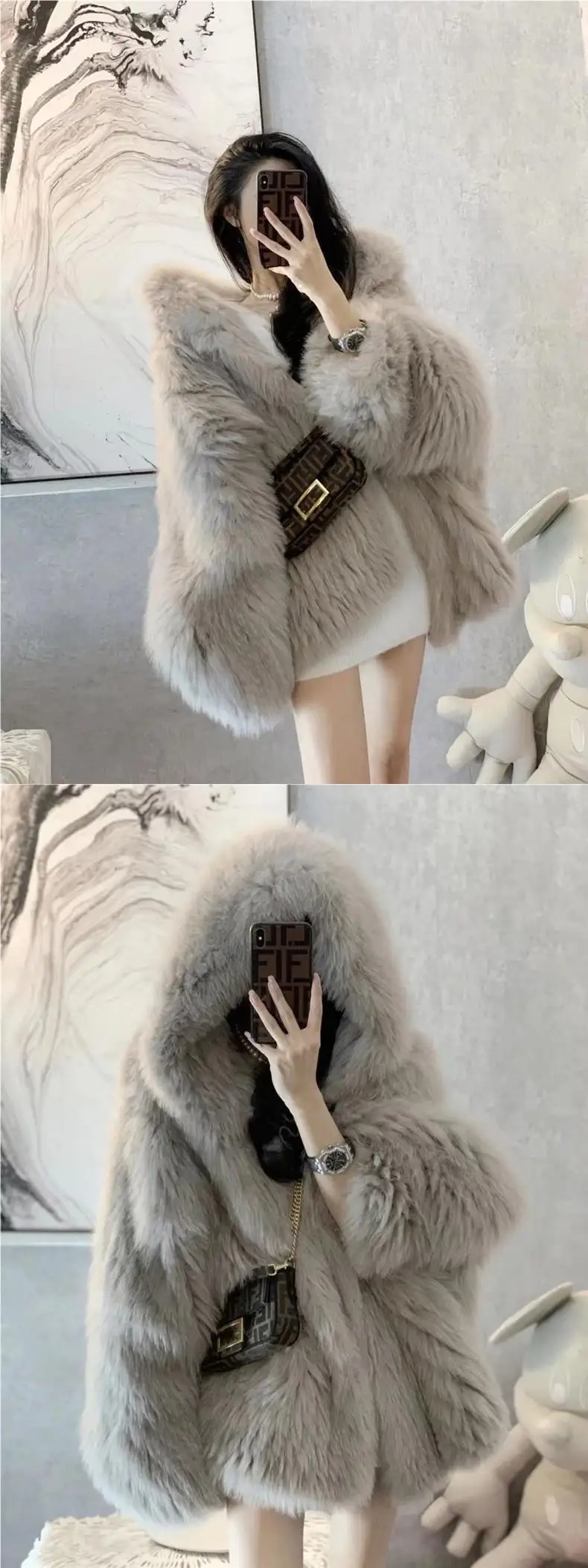 DEAT Fashion Malachite Green Faux Fur Coat Women's Hooded Loose Long Sleeves Plush Thick Jacket Winter New 7A1851