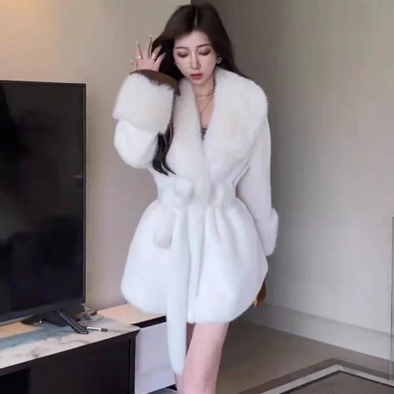 Winter Women Fashion Thickened Imitation Mink Plush Belted Coat