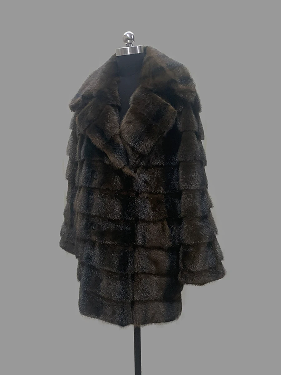 Nerazzurri Autumn Winter Brown Striped Thick Warm Faux Mink Fur Coat Women Elegant Luxury High Quality Chic Fluffy Jacket 2026