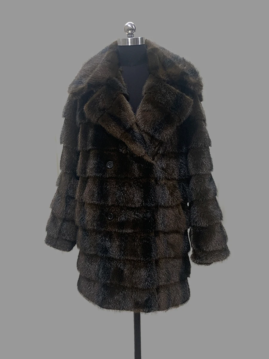 Nerazzurri Autumn Winter Brown Striped Thick Warm Faux Mink Fur Coat Women Elegant Luxury High Quality Chic Fluffy Jacket 2026