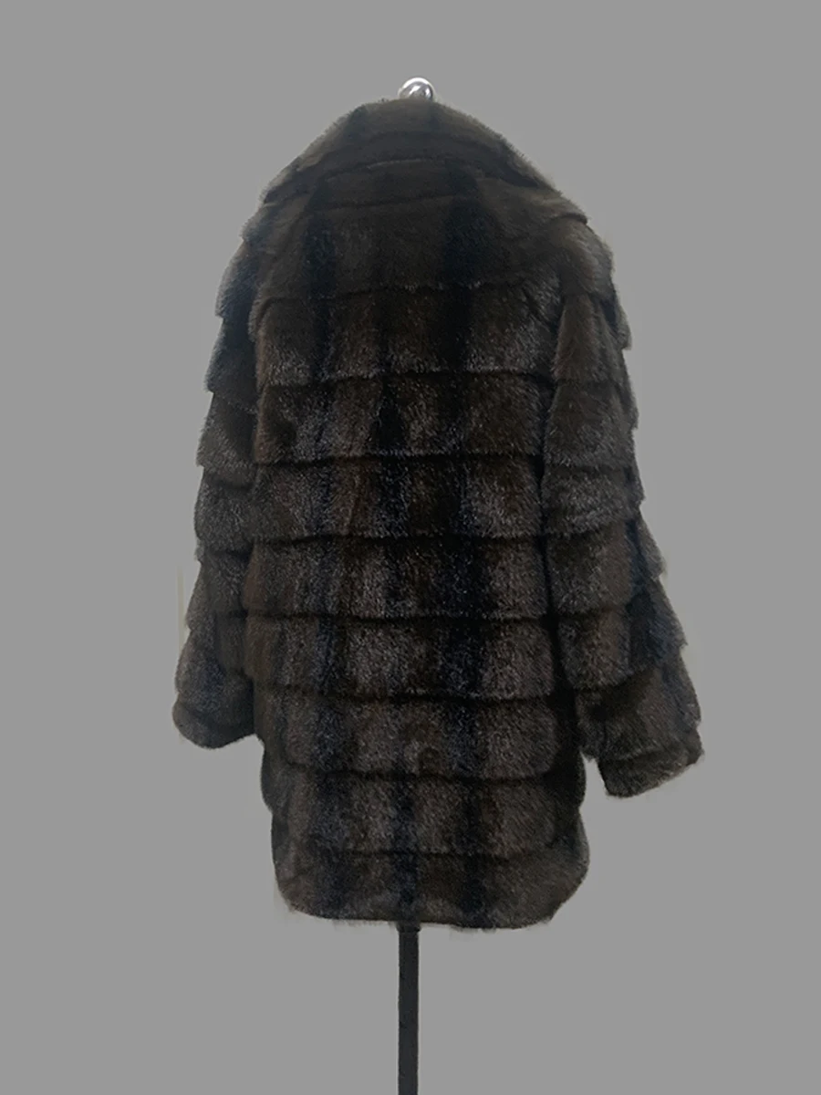 Nerazzurri Autumn Winter Brown Striped Thick Warm Faux Mink Fur Coat Women Elegant Luxury High Quality Chic Fluffy Jacket 2026