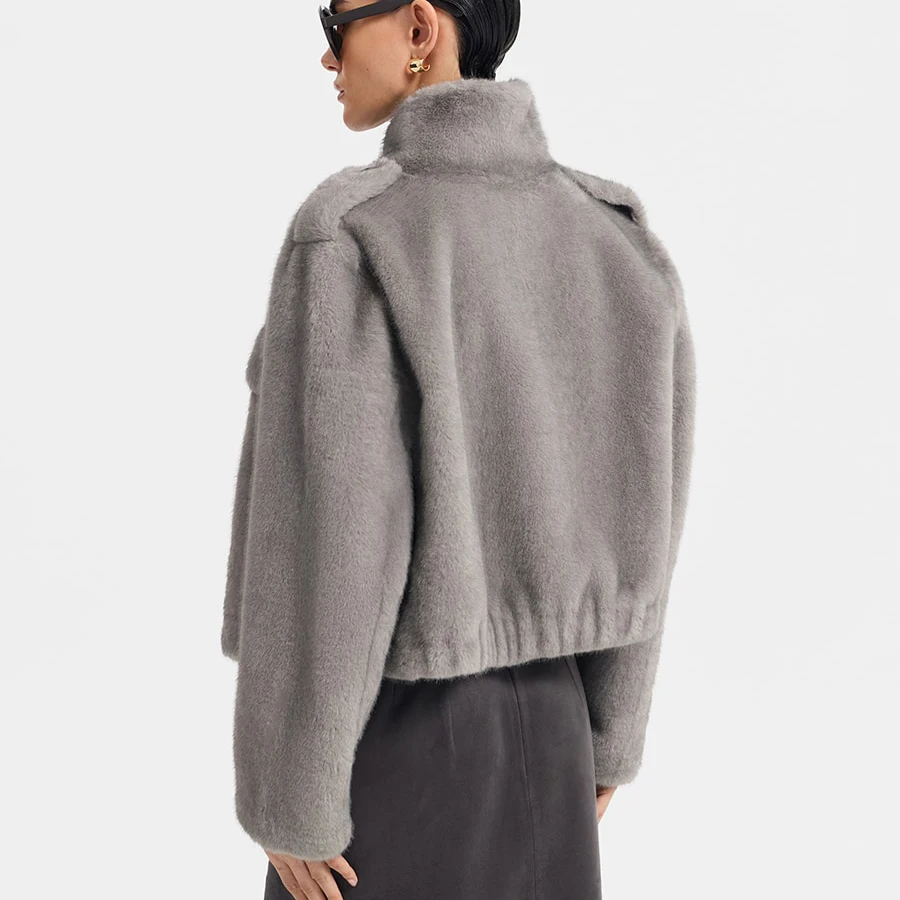 IG Women Brown & Grey Stand Collar Epaulet Flap Pocket Single Breasted Cropped Jacket, Elastic Hem, Winter Warm Vintage Casual