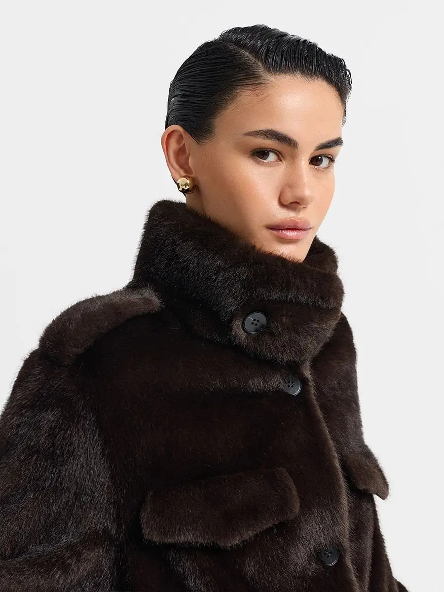 IG Women Brown & Grey Stand Collar Epaulet Flap Pocket Single Breasted Cropped Jacket, Elastic Hem, Winter Warm Vintage Casual