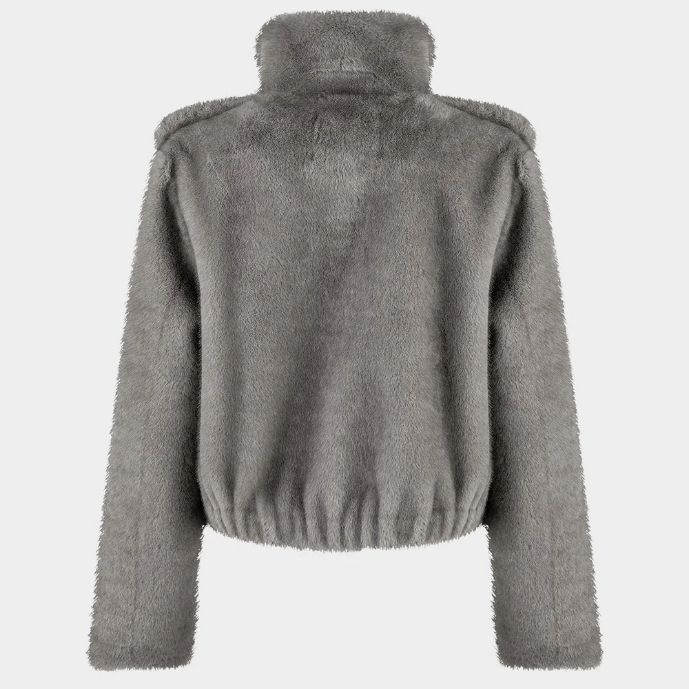 IG Women Brown & Grey Stand Collar Epaulet Flap Pocket Single Breasted Cropped Jacket, Elastic Hem, Winter Warm Vintage Casual