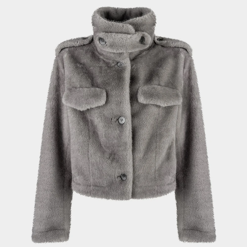IG Women Brown & Grey Stand Collar Epaulet Flap Pocket Single Breasted Cropped Jacket, Elastic Hem, Winter Warm Vintage Casual
