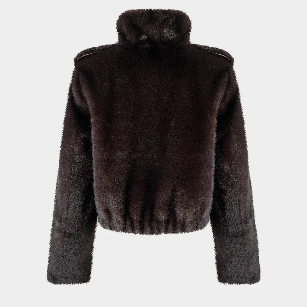 IG Women Brown & Grey Stand Collar Epaulet Flap Pocket Single Breasted Cropped Jacket, Elastic Hem, Winter Warm Vintage Casual