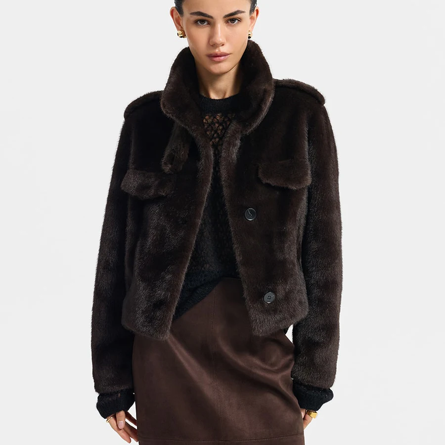 IG Women Brown & Grey Stand Collar Epaulet Flap Pocket Single Breasted Cropped Jacket, Elastic Hem, Winter Warm Vintage Casual