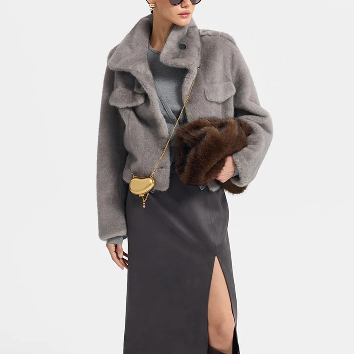 IG Women Brown & Grey Stand Collar Epaulet Flap Pocket Single Breasted Cropped Jacket, Elastic Hem, Winter Warm Vintage Casual