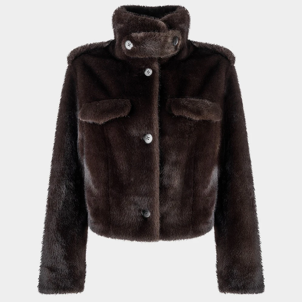 IG Women Brown & Grey Stand Collar Epaulet Flap Pocket Single Breasted Cropped Jacket, Elastic Hem, Winter Warm Vintage Casual