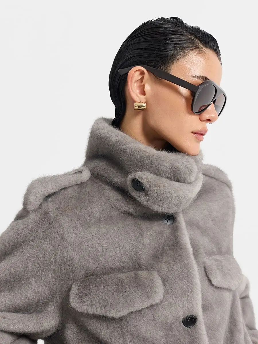 IG Women Brown & Grey Stand Collar Epaulet Flap Pocket Single Breasted Cropped Jacket, Elastic Hem, Winter Warm Vintage Casual