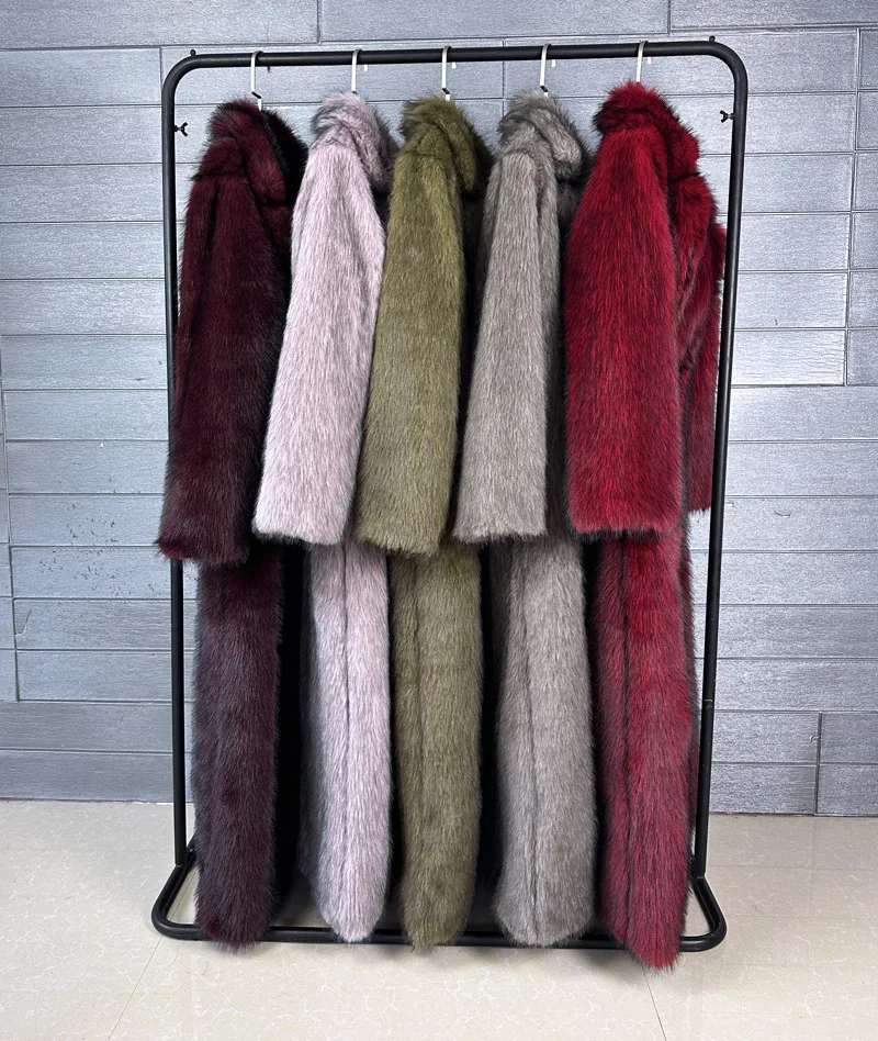 DEAT 2025 winter new fashion high quality Fox Faux Fur long Coat for Women Suit Collar solid color thick warm jacket 11A06914