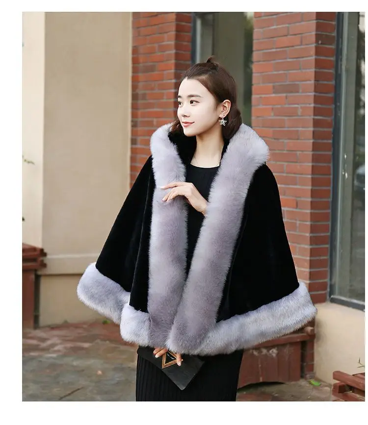 Women's new winter faux fur shawl cape style short Haining faux fox fur thick hooded windbreaker women jacket coats for women