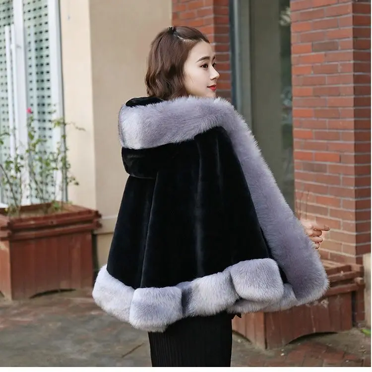 Women's new winter faux fur shawl cape style short Haining faux fox fur thick hooded windbreaker women jacket coats for women