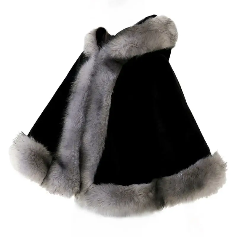 Women's new winter faux fur shawl cape style short Haining faux fox fur thick hooded windbreaker women jacket coats for women