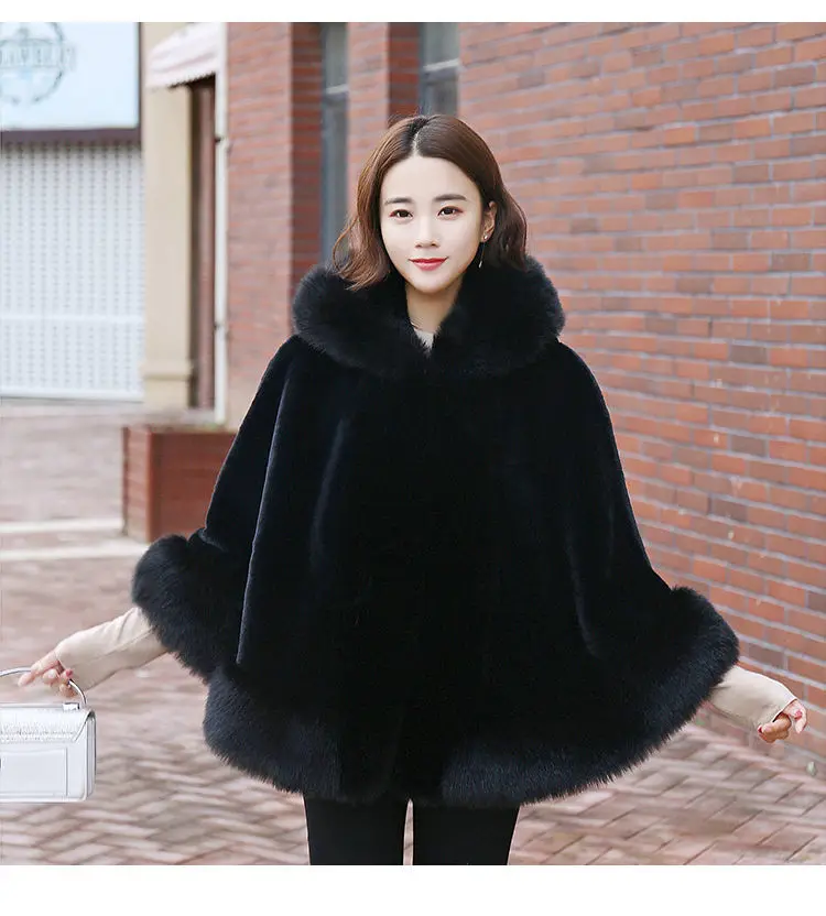 Women's new winter faux fur shawl cape style short Haining faux fox fur thick hooded windbreaker women jacket coats for women