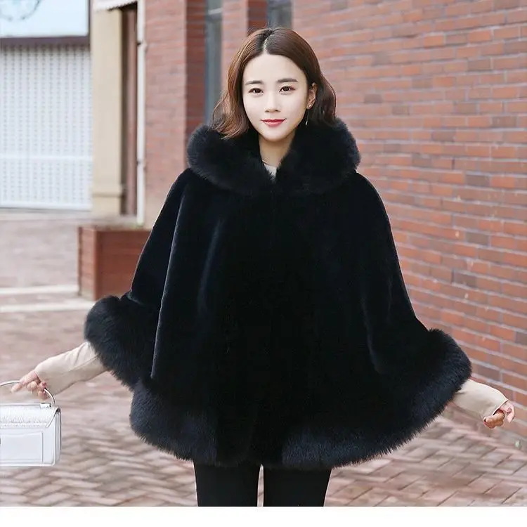 Women's new winter faux fur shawl cape style short Haining faux fox fur thick hooded windbreaker women jacket coats for women