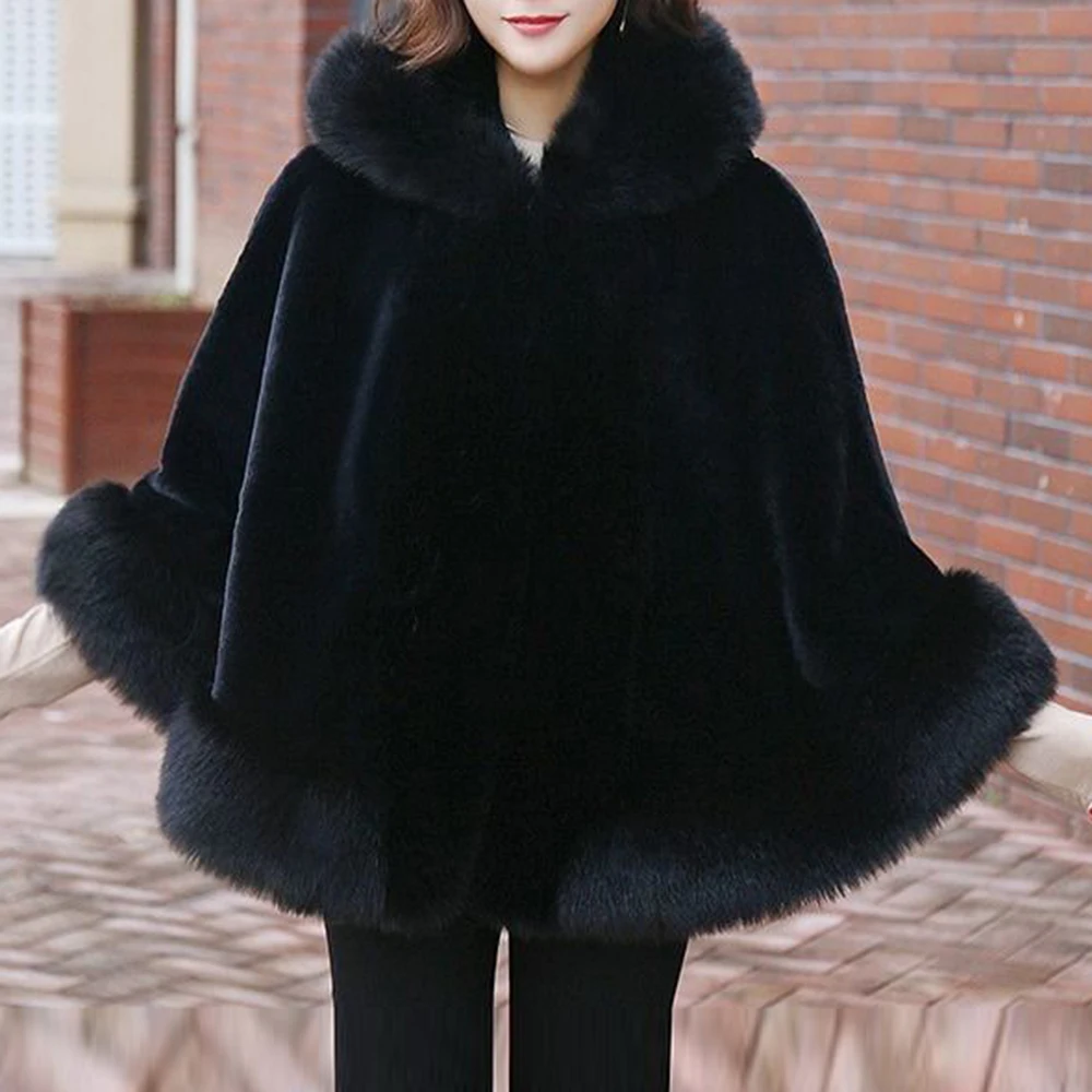 Women's new winter faux fur shawl cape style short Haining faux fox fur thick hooded windbreaker women jacket coats for women