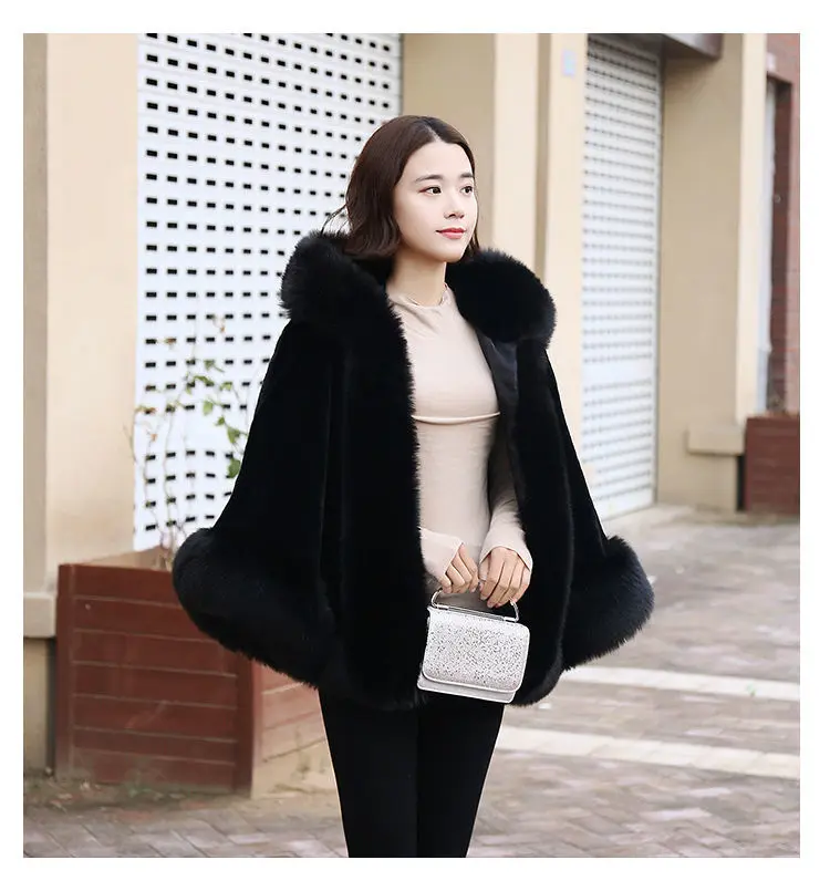 Women's new winter faux fur shawl cape style short Haining faux fox fur thick hooded windbreaker women jacket coats for women