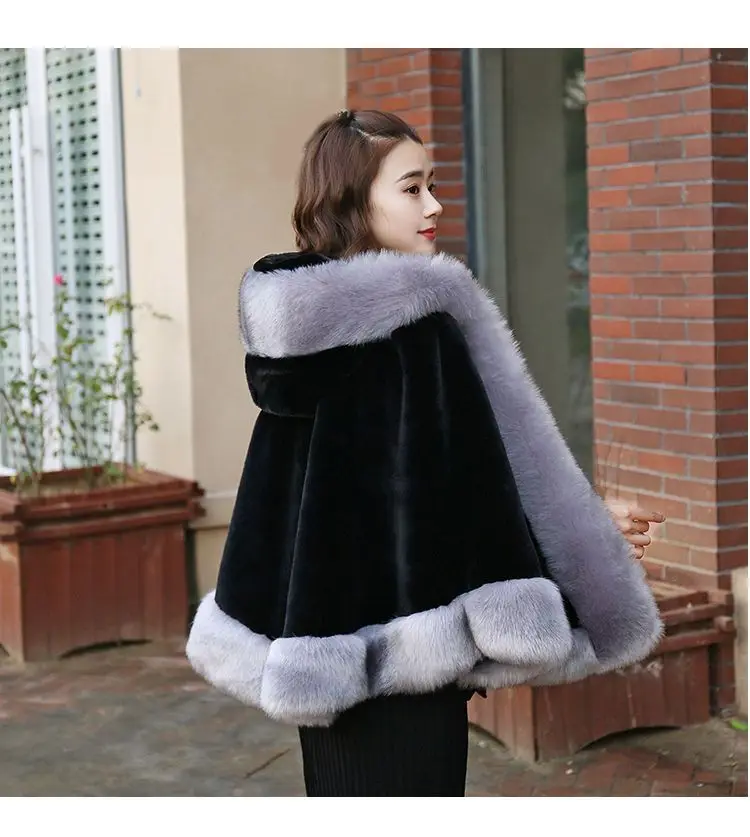 Women's new winter faux fur shawl cape style short Haining faux fox fur thick hooded windbreaker women jacket coats for women