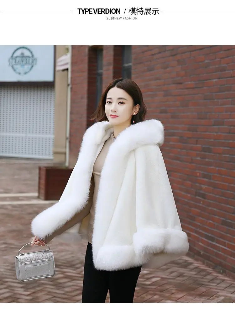 Women's new winter faux fur shawl cape style short Haining faux fox fur thick hooded windbreaker women jacket coats for women