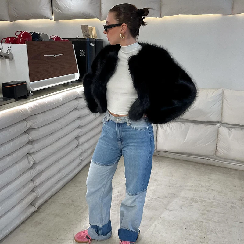 Neo Mint Brand Fashion 2024 Winter Sweet Pink Cropped Faux Fur Coat Women Streetwear Ins Chic Girls Fluffy Fox Fur Jacket Female