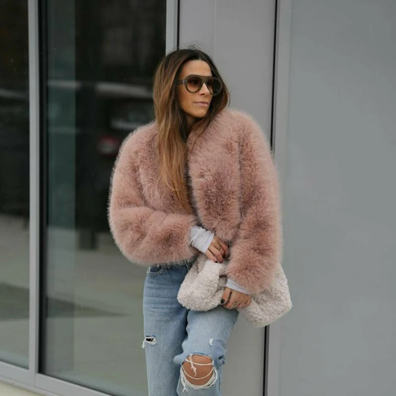 Neo Mint Brand Fashion 2024 Winter Sweet Pink Cropped Faux Fur Coat Women Streetwear Ins Chic Girls Fluffy Fox Fur Jacket Female