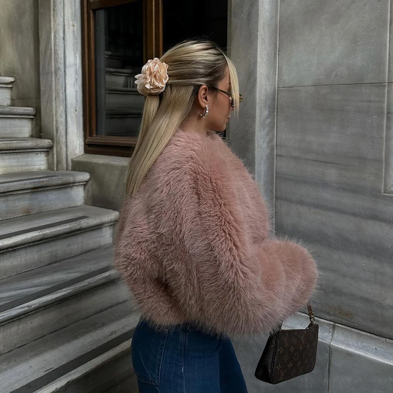Neo Mint Brand Fashion 2024 Winter Sweet Pink Cropped Faux Fur Coat Women Streetwear Ins Chic Girls Fluffy Fox Fur Jacket Female