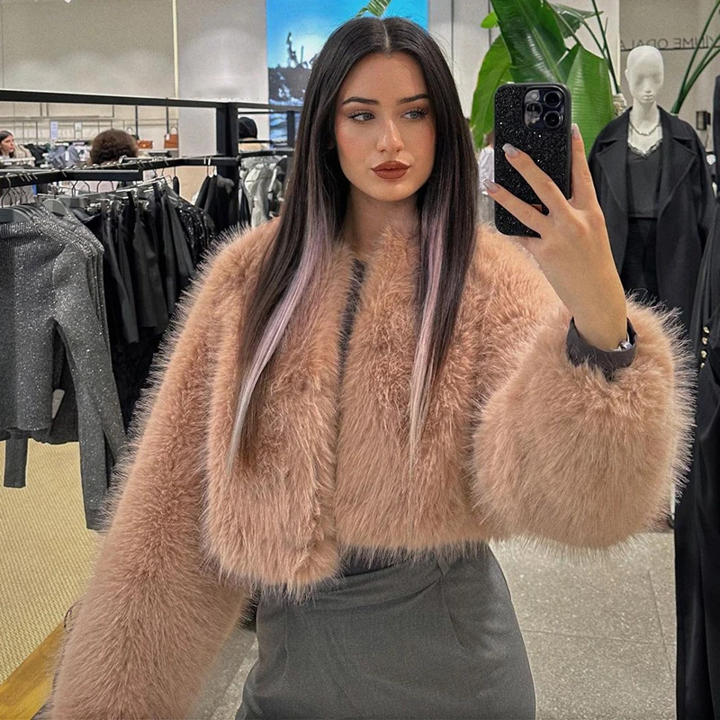 Neo Mint Brand Fashion 2024 Winter Sweet Pink Cropped Faux Fur Coat Women Streetwear Ins Chic Girls Fluffy Fox Fur Jacket Female