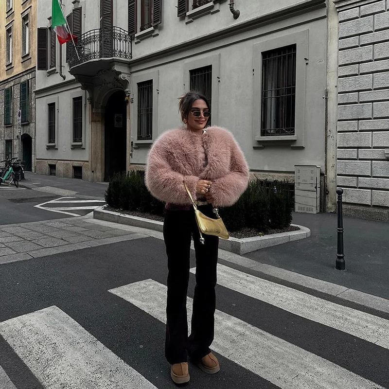Neo Mint Brand Fashion 2024 Winter Sweet Pink Cropped Faux Fur Coat Women Streetwear Ins Chic Girls Fluffy Fox Fur Jacket Female