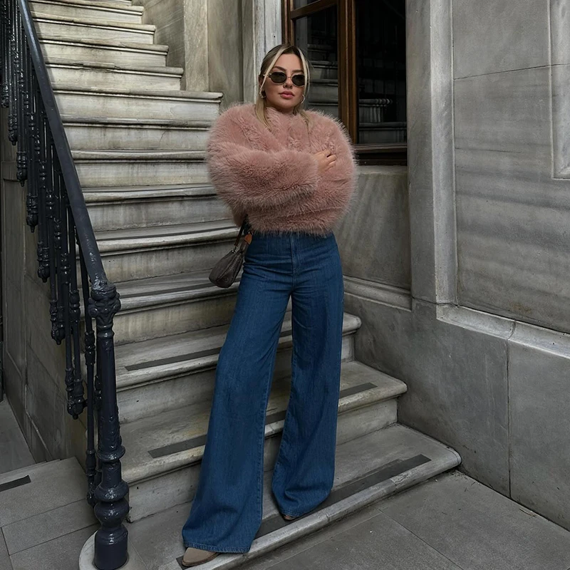 Neo Mint Brand Fashion 2024 Winter Sweet Pink Cropped Faux Fur Coat Women Streetwear Ins Chic Girls Fluffy Fox Fur Jacket Female