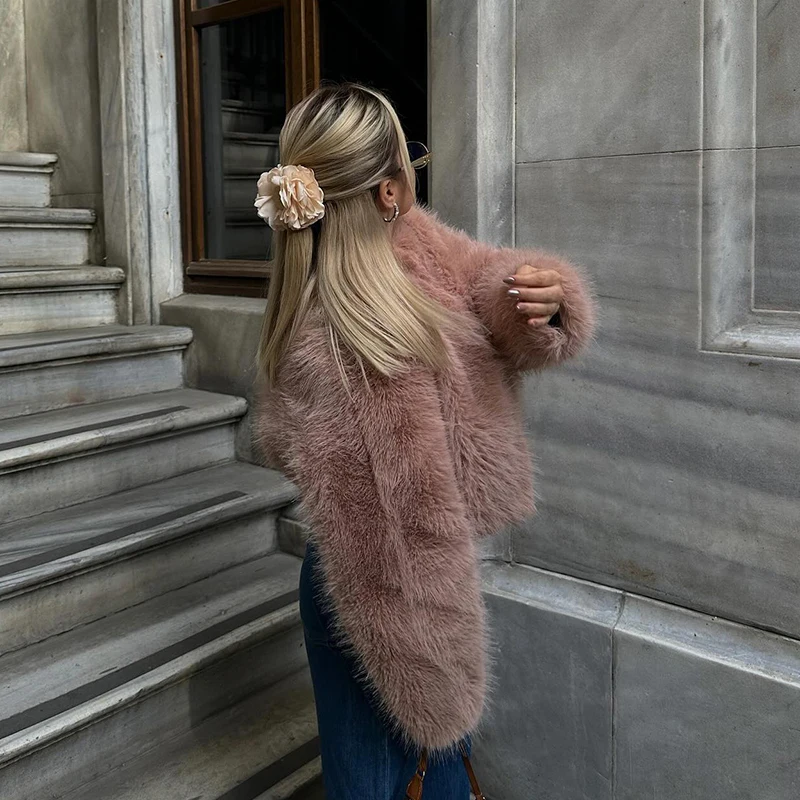 Neo Mint Brand Fashion 2024 Winter Sweet Pink Cropped Faux Fur Coat Women Streetwear Ins Chic Girls Fluffy Fox Fur Jacket Female