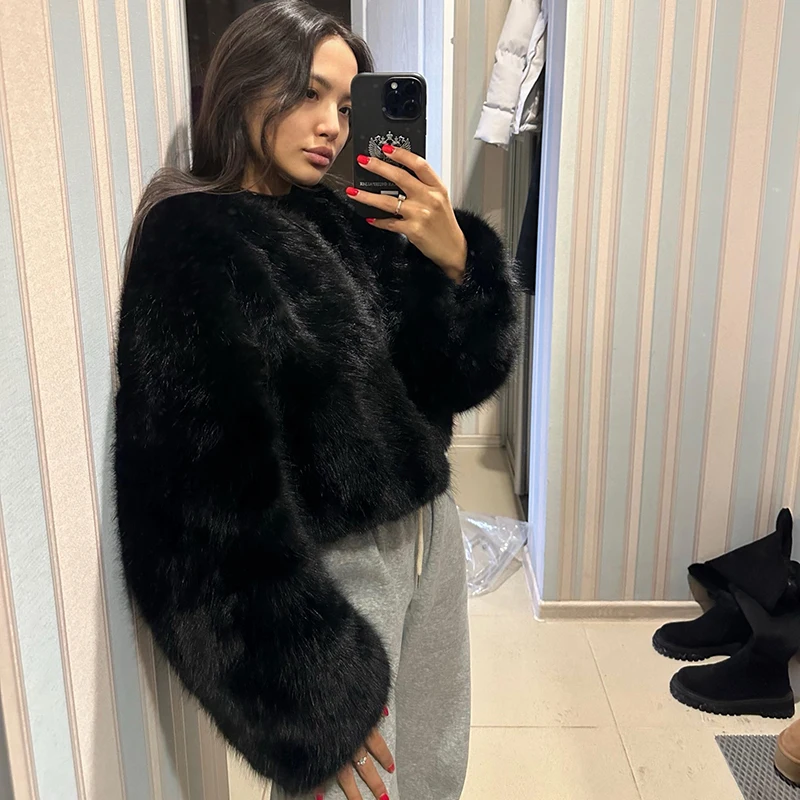 Neo Mint Brand Fashion 2024 Winter Sweet Pink Cropped Faux Fur Coat Women Streetwear Ins Chic Girls Fluffy Fox Fur Jacket Female